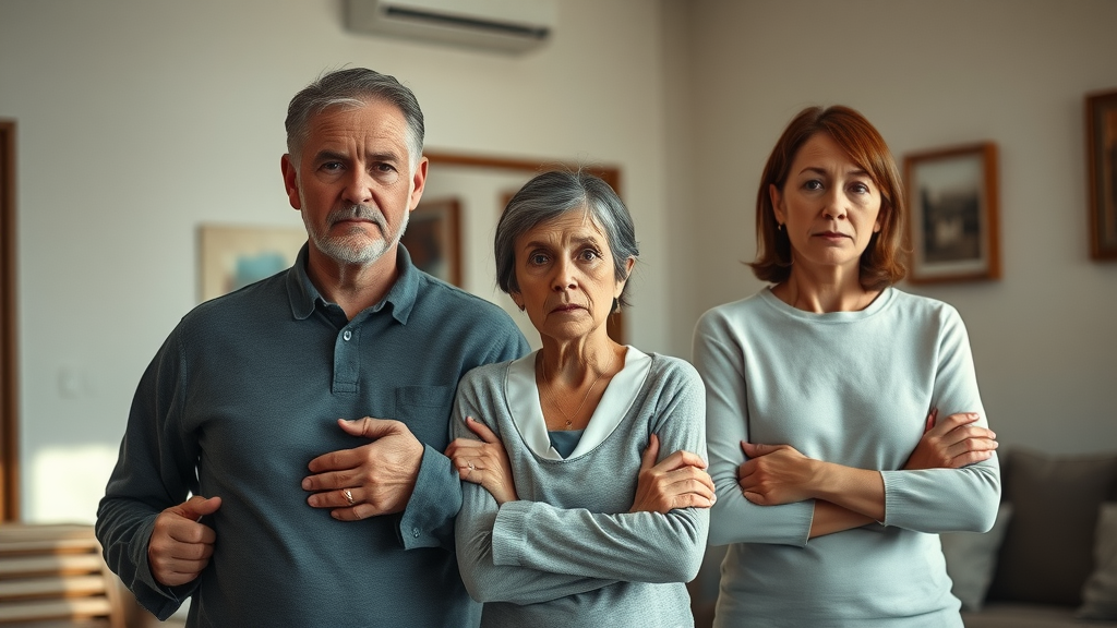 family concerned about asbestos contamination testing in living room, aging walls and dust, neutral tones