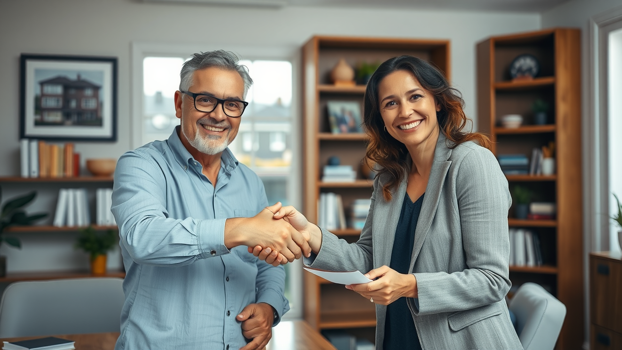 Property seller shaking hands with Local Conveyancer Newcastle, confident and satisfied, property brochures on desk