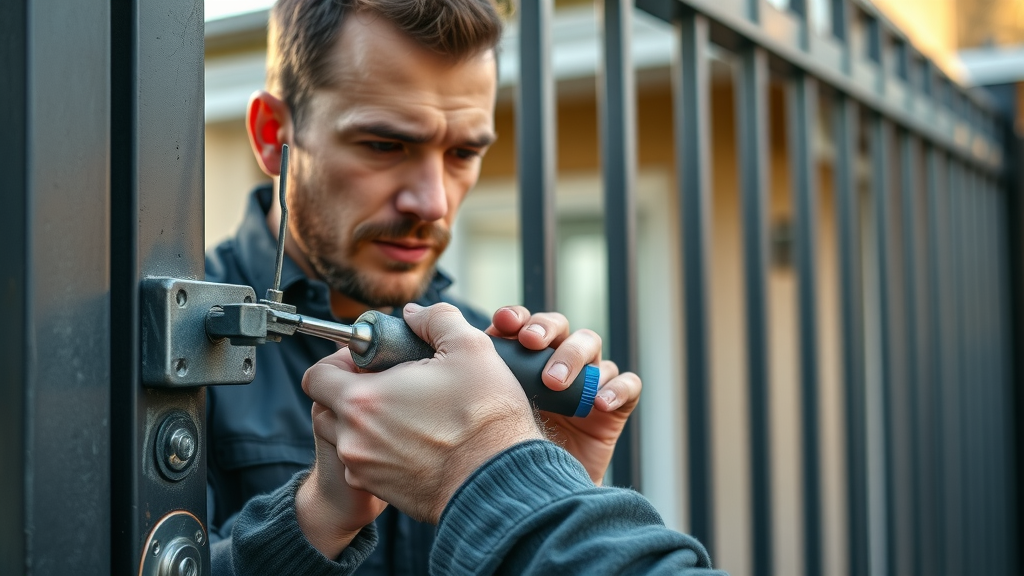 Technician performing maintenance on remote control gate opener Newcastle, adjusting gate automation hardware with precision.