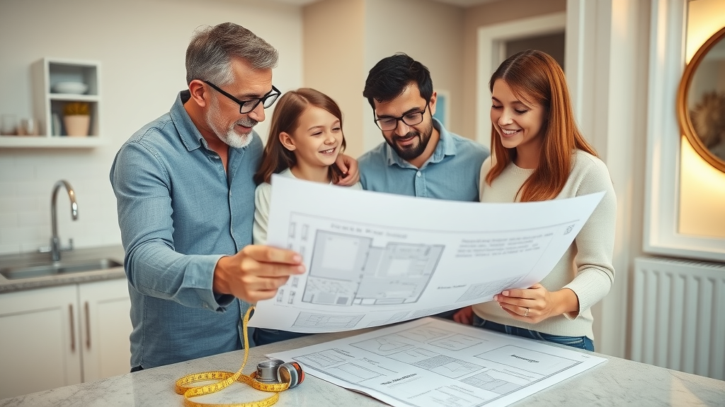 Family and bathroom designer reviewing Newcastle renovation budget plans, blueprint and tile samples visible