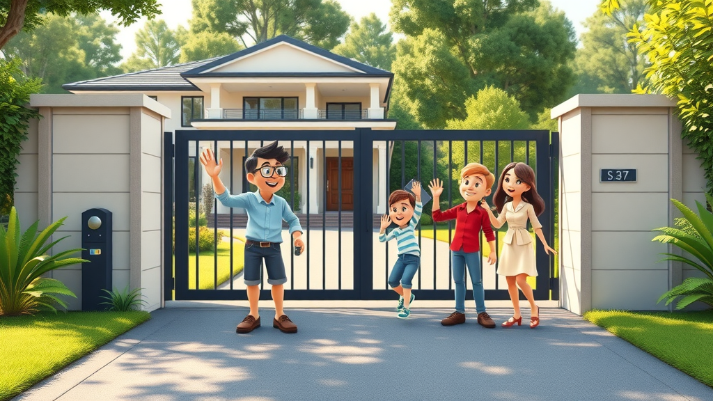 Happy Newcastle family using new automatic gate with remote control, modern driveway, automatic gate opener in action.