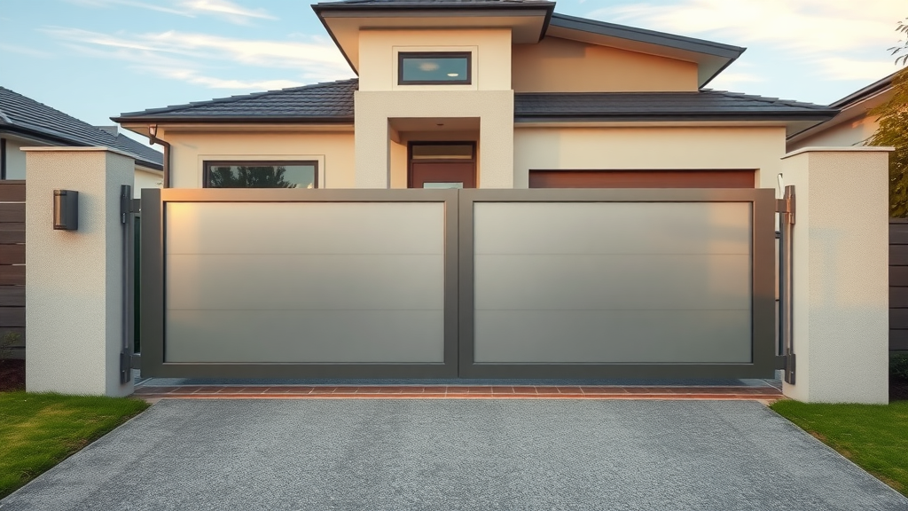 Modern residential property with automatic gates Newcastle, secure and welcoming, showing a smoothly opening entry gate in a photorealistic Newcastle suburb