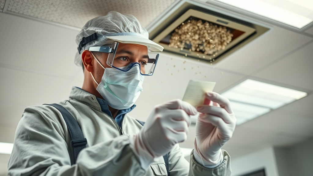 Asbestos testing newcastle sample test in progress by PPE-clad professional in older Newcastle office
