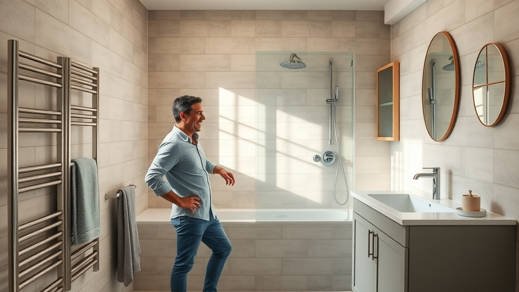 Homeowner enjoying completed bathroom renovations Newcastle with ample storage.
