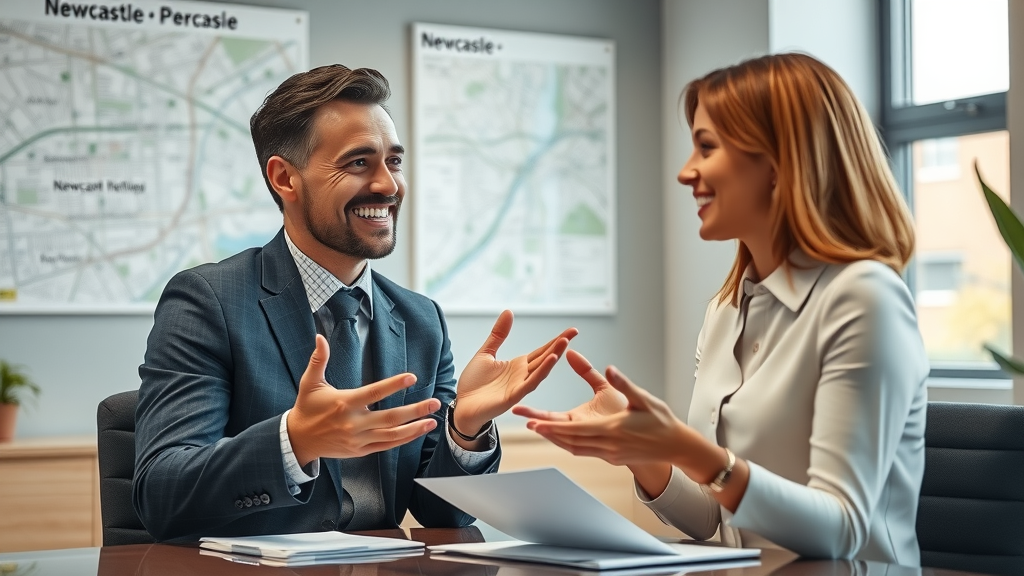 Local Conveyancer Newcastle meeting with client in modern office, Newcastle city map on wall