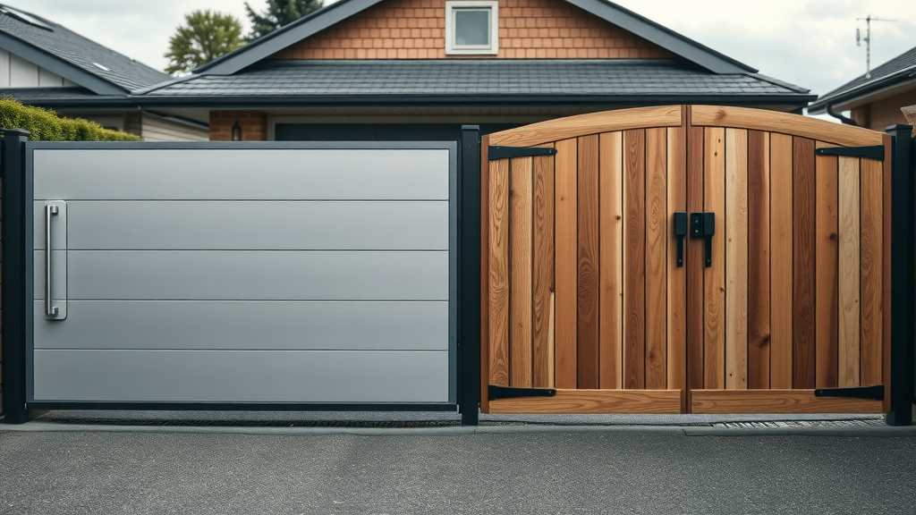 Automatic driveway gates Newcastle and manual gates comparison, modern and traditional gate styles side by side on suburban driveway.