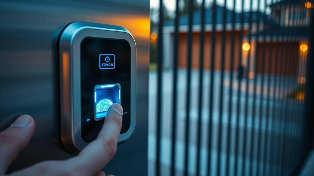 Gate access panel with fingerprint and keypad on Newcastle automatic driveway gates, user pressing fingerprint scanner.