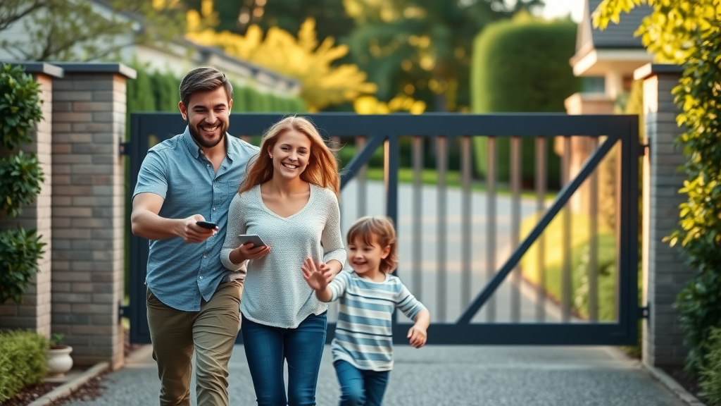 Newcastle family operating automatic driveway gate with remote, smiling, child waving in front of home with lush garden.