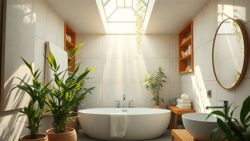 natural light streaming in an eco-friendly bathroom remodel with large plants