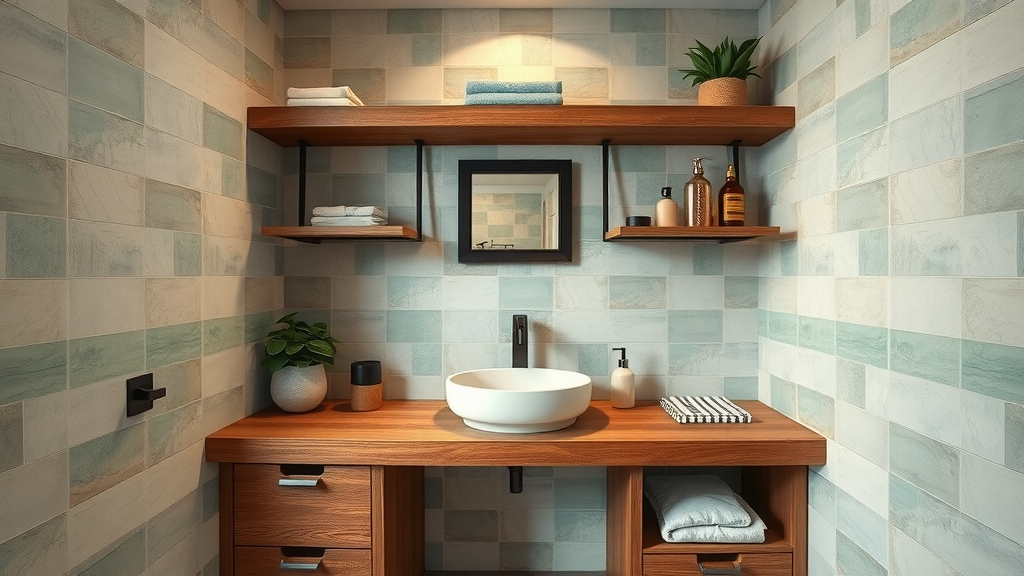 reclaimed wood vanity and bamboo shelves in an eco-friendly bathroom renovation