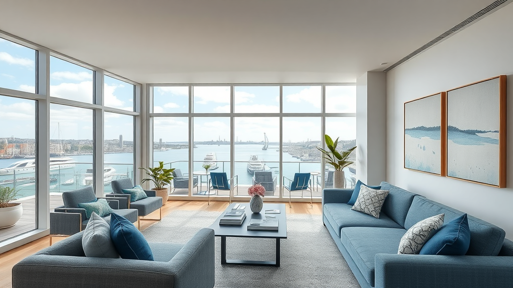 Panoramic harbour-front apartment interior staged to highlight coastal lifestyle and spacious living in Newcastle