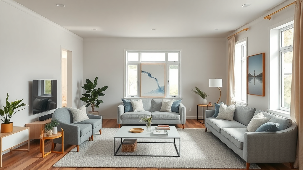 Clutter-free family room staged for home staging Newcastle with clean lines and bright natural lighting
