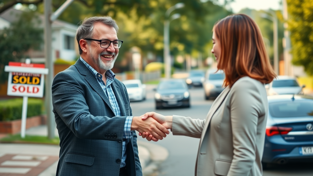 best conveyancer newcastle - experienced conveyancer shaking hands with real estate agent with sold property signs in Newcastle