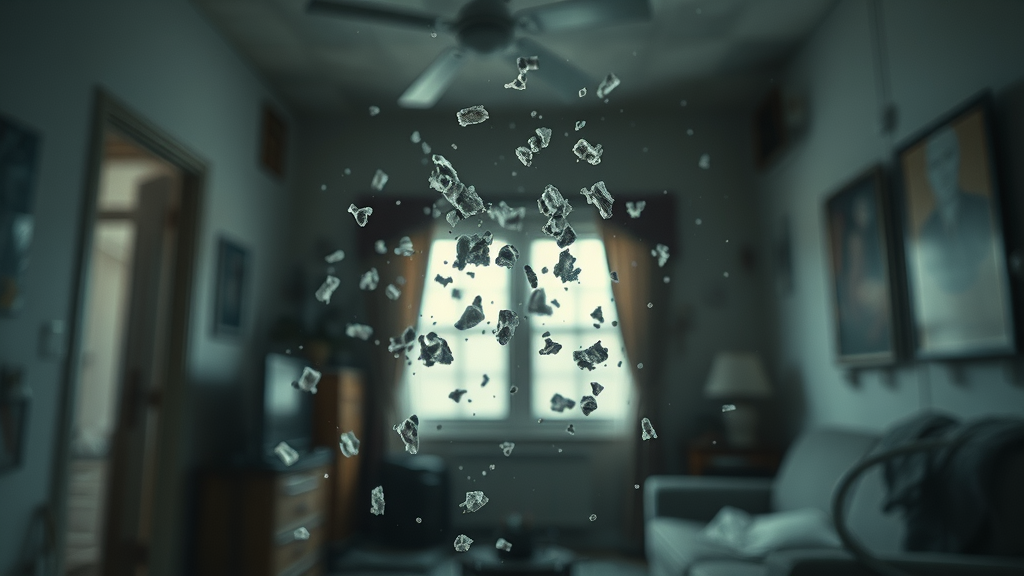 asbestos removal newcastle, microscopic view of ominous asbestos particles in the air, threat visualization, urban home interior background